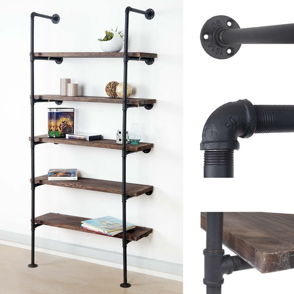 Wandregal mit fünf Regalböden und schwarzem Metallgestell im Industrial Design
