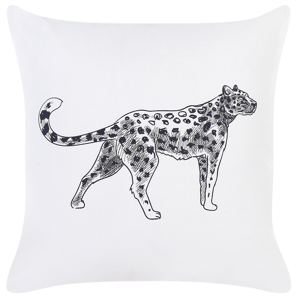 Quadratisches Zierkissen mit einer Leoparden Illustration als Aufdruck.