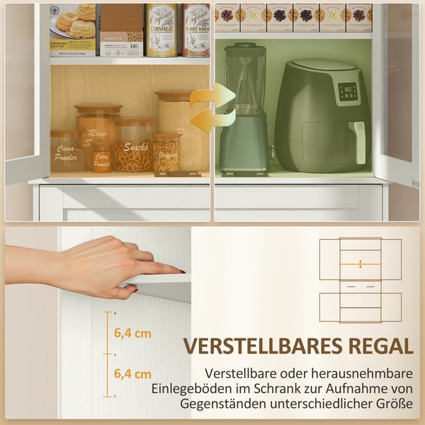Küchenschrank mit verstellbaren Einlegeböden im Abstand von 6,4 Zentimeter, zeigt Stauraum für Vorratsgläser, Mixer und Heißluftfritteuse.
