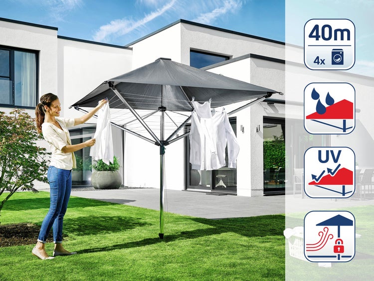 Leifheit Wäschespinne LinoProtect 400 mit wasserdichtem Dach, Wäscheschirm verlängert die Outdoor-Trockensaison, Wäscheständer aus Aluminium inkl. Bodenhülse