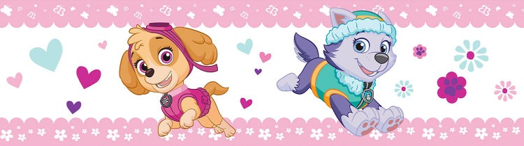 Tapetenbordüre mit Paw Patrol Charakteren Skye und Everest sowie Herzen, Blumen und Schmetterlingen für das Kinderzimmer.