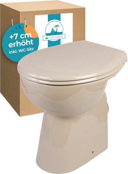Calmwaters® Stand WC spülrandlos Komplettset Elements Wellness mit Toilettendeckel, erhöhtes WC + 7 cm, abnehmbarer WC Sitz Absenkautomatik, Schnellbefestigung, Tiefspüler, Beige, 07AB5426