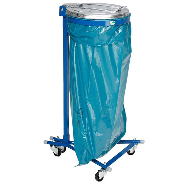 Blauer Müllsackständer fahrbar aus Metall mit verzinktem Deckel und blauem Müllsack.