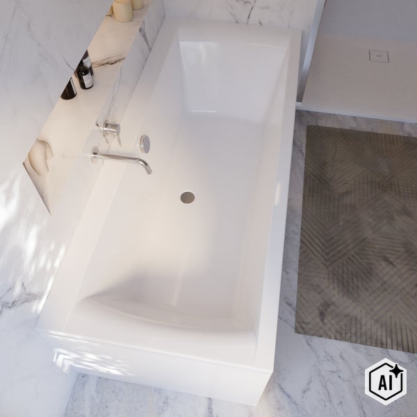Moderne weiße Einbaubadewanne in einem Badezimmer mit Marmorfliesen und Unterputzarmatur in Draufsicht.