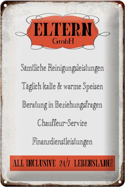 Blechschild Spruch 20x30cm Eltern GmbH 24/7 lebenslang