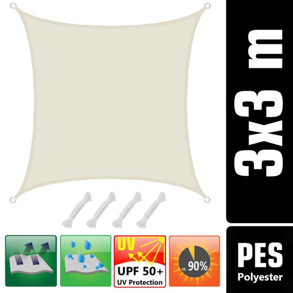 Quadratisches Sonnensegel aus Polyester in Creme, 3 mal 3 Meter, UPF 50 plus, wasserabweisend, atmungsaktiv, circa 90 Prozent Schattierung.