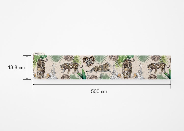 Tapetenbordüre mit Leoparden und tropischen Blättern, 13,8 Zentimeter hoch und 500 Zentimeter lang.