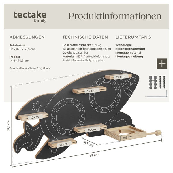 Wandregal Rakete mit Ablageflächen und Kopfhörerhalterung, Maße 67 mal 16,5 mal 37,5 Zentimeter, inklusive Montagematerial, Tectake Logo