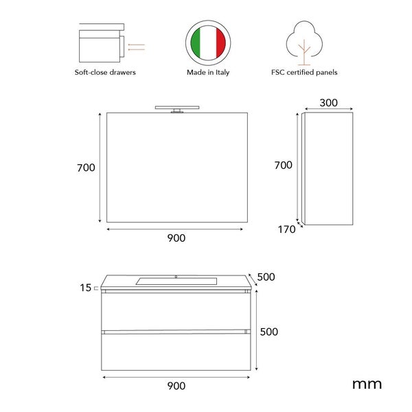 Technische Zeichnung eines Badezimmermöbel Sets mit Soft Close Auszügen, hergestellt in Italien und FSC zertifizierten Platten.