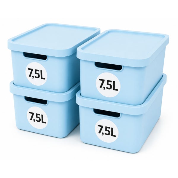 Set aus vier stapelbaren Kunststoff Aufbewahrungsboxen mit Deckel und einem Fassungsvermögen von jeweils 7,5 Litern.