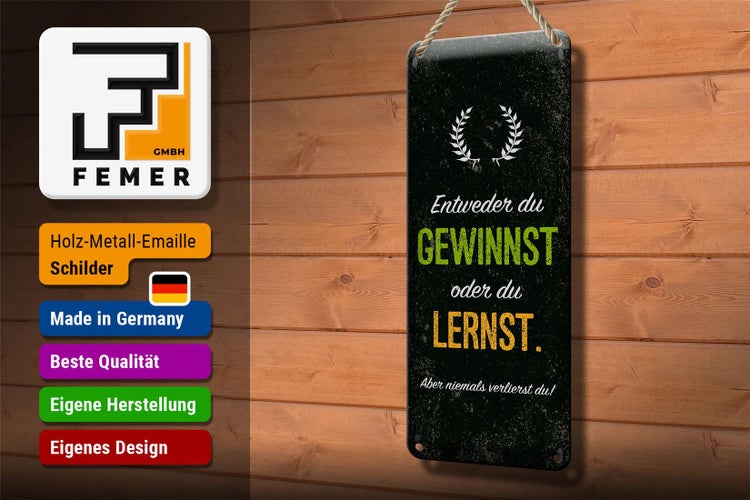 Blechschild Spruch Entweder du gewinnst oder lernst 10x27cm