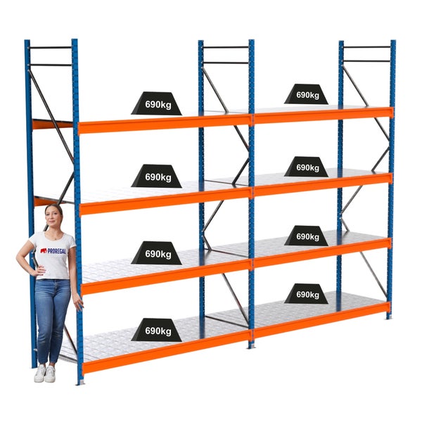 Blaues und oranges Schwerlastregal mit einer Traglast von 690 kg pro Ebene