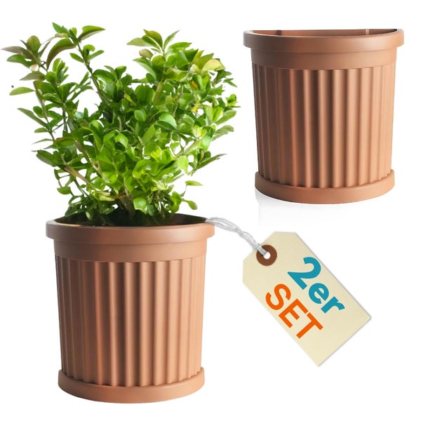Zwei Pflanzgefäße mit gerippter Oberfläche und Pflanze