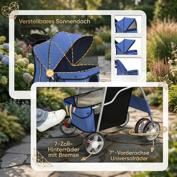 Hundebuggy mit verstellbarem blauem Sonnendach, 7 Zoll Hinterrädern mit Bremse und 7 Zoll Universalrädern in einem hellen Garten.