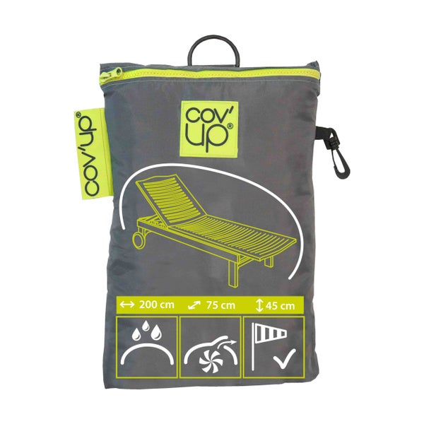 Cov'up Schutzhülle für Sonnenliegen 200 mal 75 mal 45 Zentimeter, in grauer Tasche mit Cov'up Logo, wasserabweisend, windfest und belüftet.