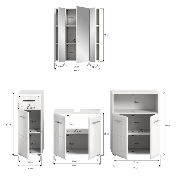 Weiße Badmöbel mit Maßen in Zentimeter: Spiegelschrank, Hochschrank, Waschbeckenunterschrank und Beistellschrank.