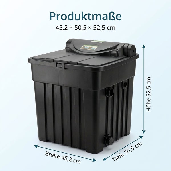 Schwarzer Teichfilter mit Maßangaben 45,2 mal 50,5 mal 52,5 Zentimeter.