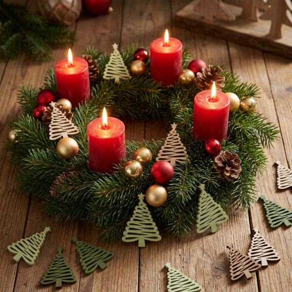 Weihnachtlicher Adventskranz aus Tannenzweigen mit vier brennenden Kerzen, geschmückt mit Christbaumkugeln, Tannenzapfen und kleinen Holzfiguren.