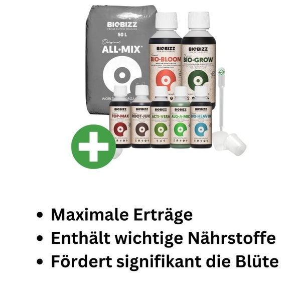 BioBizz All-Mix Erde-Set Big – 50L hochwertige Blumenerde + Bio Grow & Bloom (je 500 ml) + Alg-A-Mic, Top-Max, Root Juice, Acti Vera, Heaven – Komplettset für optimales Wachstum & Blüte inkl. Pipette