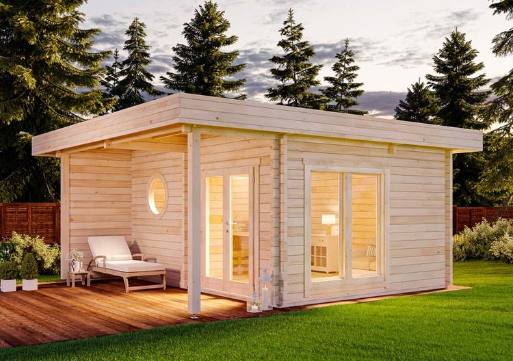 FinnTherm Saunahaus Winterhur-70 Gartensauna 3 Sitzbänke aus Holz, Sauna mit 70 mm Wandstärke Außensauna, Naturbelassen 5x4m