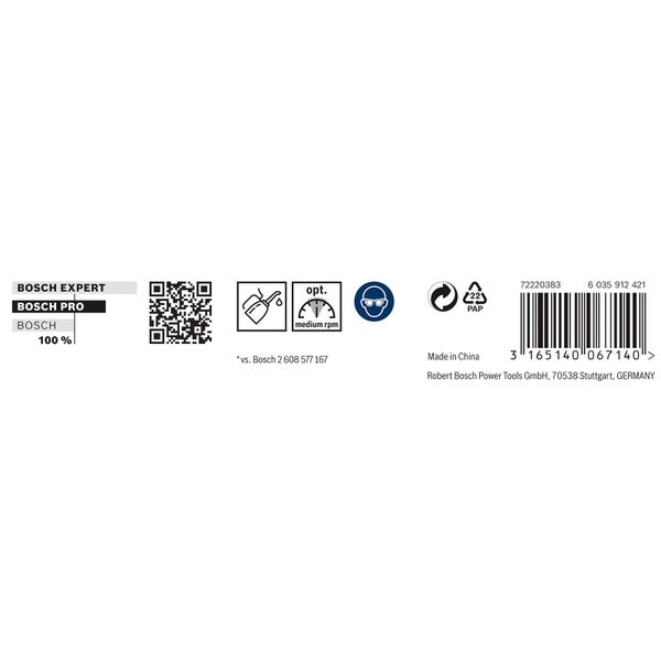Bosch Experte; Bosch Pro; Bosch 100%; QR-Code; Symbole für Ölen, optimale Drehzahl und Augenschutz; Recycling Symbol; Barcode; Hergestellt in China; Robert Bosch Power Tools GmbH Logo