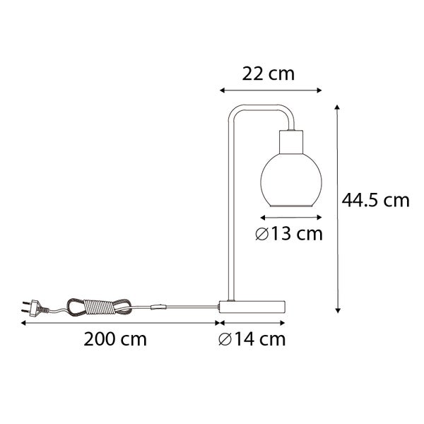 Maße der Tischleuchte: Höhe 44,5 cm, Ausladung 22 cm, Durchmesser des Lampenschirms 13 cm, Durchmesser des Lampenfußes 14 cm, Kabellänge 200 cm