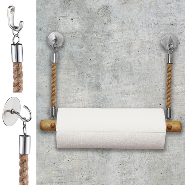 Küchenrollenhalter für Wandmontage aus Holzstab und Seilen mit Metallhaken an einer Betonwand.