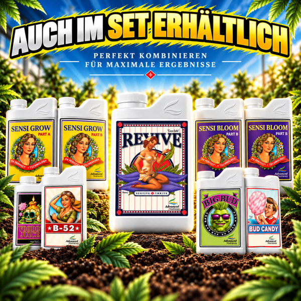 Verschiedene Advanced Nutrients Pflanzendünger und Zusatzmittel in Flaschen als Set für die Pflanzenzucht.