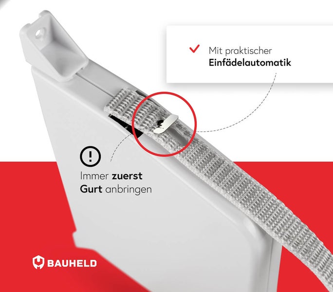 Detailansicht einer Rolladenmechanik mit praktischer Einfädelautomatik für den Gurt