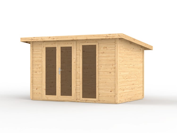 Gartenhaus aus Holz mit Pultdach, einer Doppelflügeltür mit Glaseinsatz und einem zusätzlichen Fensterelement.