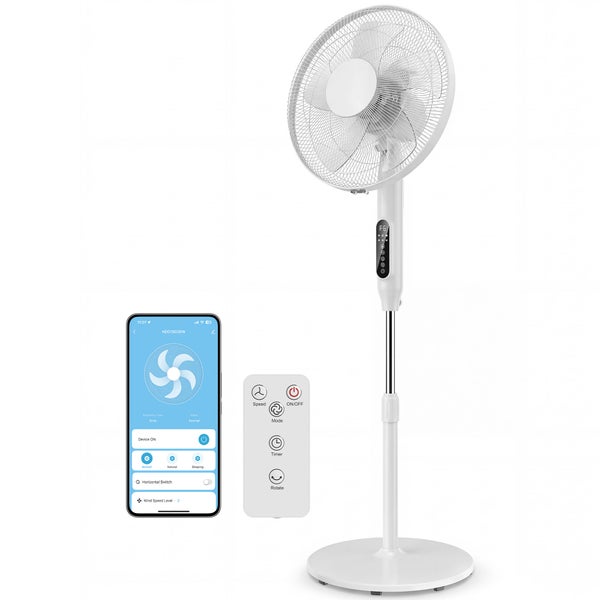 Standventilator mit Fernbedienung und App-Steuerung über Smartphone, höhenverstellbar mit verschiedenen Geschwindigkeitsstufen.