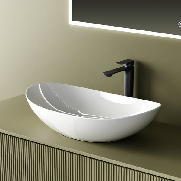 EMKE Aufsatzwaschbecken 615 × 360 mm, Oval, Keramik Waschbecken ohne Hahnloch, Weiß, für Badezimmer, Höhe: 155 mm, Modernes Design, Kratzfest, Fleckenresistent, Pflegeleicht