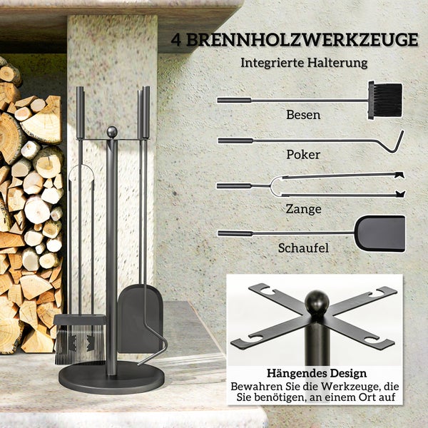Outsunny Kaminbesteck Set, 5-teilig Kaminzubehör mit Schaufel, Besen, Zange, Schürhaken und Ständer, Kamingarnitur, Ø25 x 54H cm, Metall, Schwarz