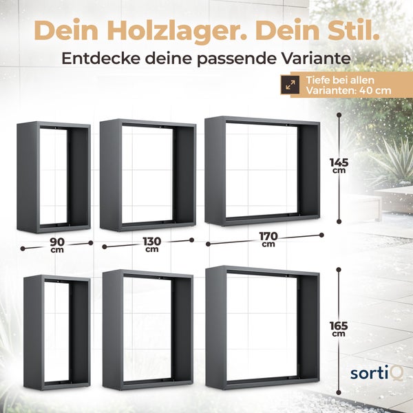 sortiQ Kaminholzlager aus Metall in Anthrazit. Maße: Breiten 90, 130, 170 Zentimeter; Höhen 145, 165 Zentimeter; Tiefe bei allen 40 Zentimeter.