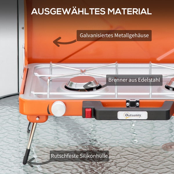Outsunny Gasgrill, Tischgrill, BBQ mit 2 Brennern, für Picknick, Garten, 46,5 x 33,5 x 17,4 cm, Edelstahl+Metall, Orange