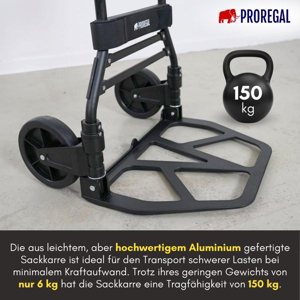 PROREGAL Klappbare Profi-Sackkarre ELEPHANT HxBxT 115x50x53cm Traglast 150kg Aluminiumrahmen, ergonomische Griffe, TRR Fachgummiräder Schwarz