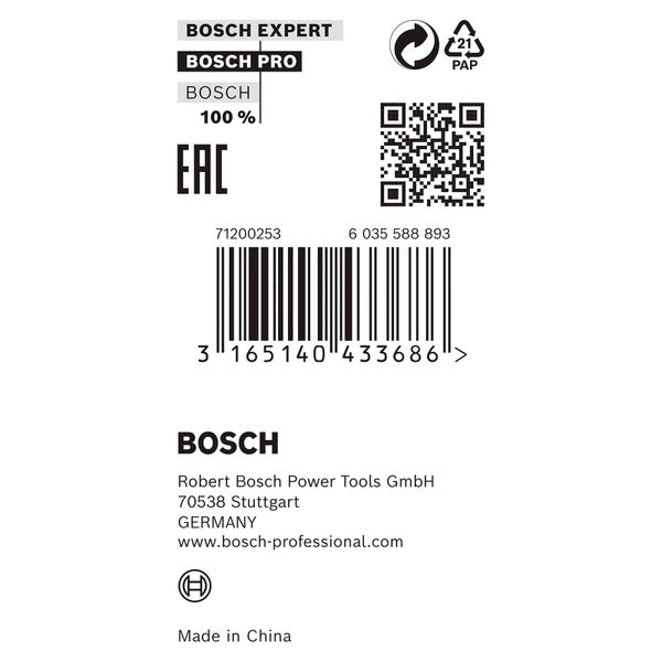 Bosch Logo, Bosch Expert und Bosch Pro Logos, EAC-Kennzeichnung, Recycling-Symbole für Grüner Punkt und Pappe, QR-Code und Barcode.