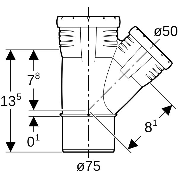 Maßzeichnung eines Abzweigrohrs, Hauptdurchmesser 75 Millimeter, Abzweig 50 Millimeter, Gesamthöhe 135 Millimeter.