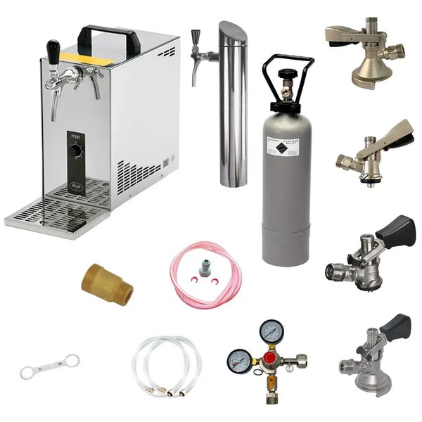Bierzapfanlage-Set Pygmy mit Trockenkühler aus Edelstahl, Zapfsäule, Kohlendioxid-Flasche, Druckminderer, Schläuchen und diversen Keg-Verschlüssen.
