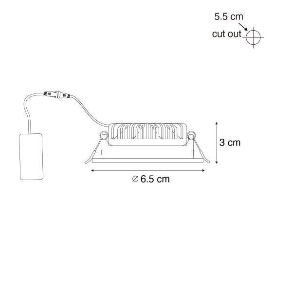Technische Zeichnung eines Einbaustrahlers mit Maßen: Durchmesser 6,5 Zentimeter, Höhe 3 Zentimeter, Lochausschnitt 5,5 Zentimeter.