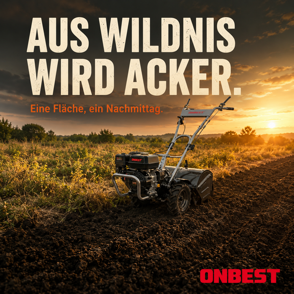 Motorhacke von ONBEST auf einem Feld bei Sonnenuntergang, die Wildwuchs in umgegrabene Ackererde verwandelt.