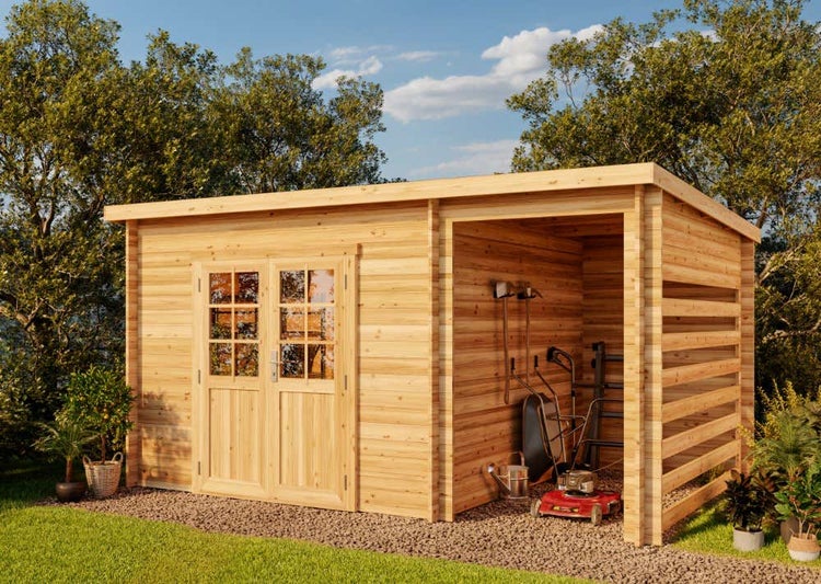 Alpholz Pultdach Gartenhaus Maria-28 Compact Gartenhaus aus Holz in natur, Holzhaus mit 28 mm Wandstärke inklusive Schleppdach, Blockbohlenhaus mit Montagematerial imprägniert 4,5x3m