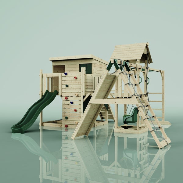 Holzspielplatz mit Kletterwand, Rutsche, Schaukel und Spielhaus