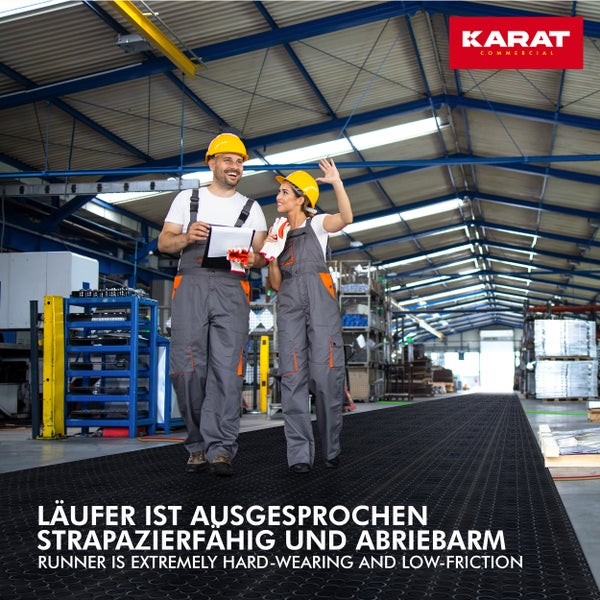 Detailaufnahme einer Bodenschutzmatte mit Noppenmuster und Hinweisen zu guter Haftung