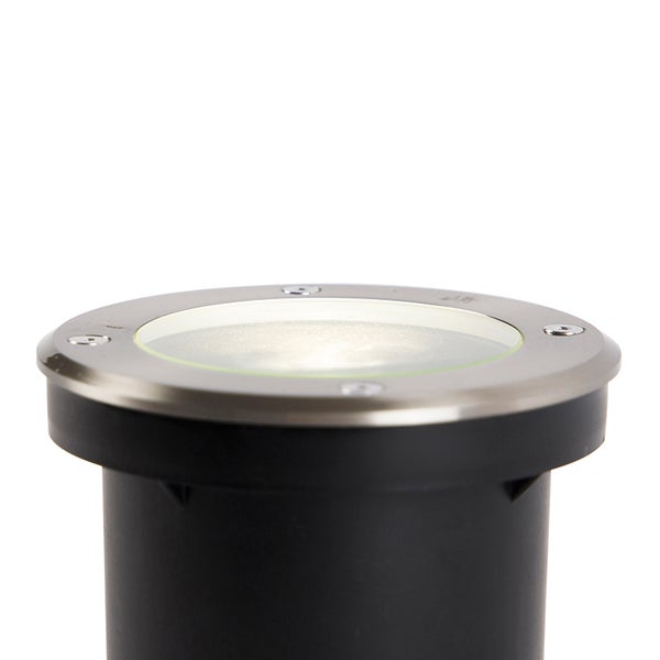 Bodeneinbaustrahler aus Edelstahl und Kunststoff mit runder Glasabdeckung.