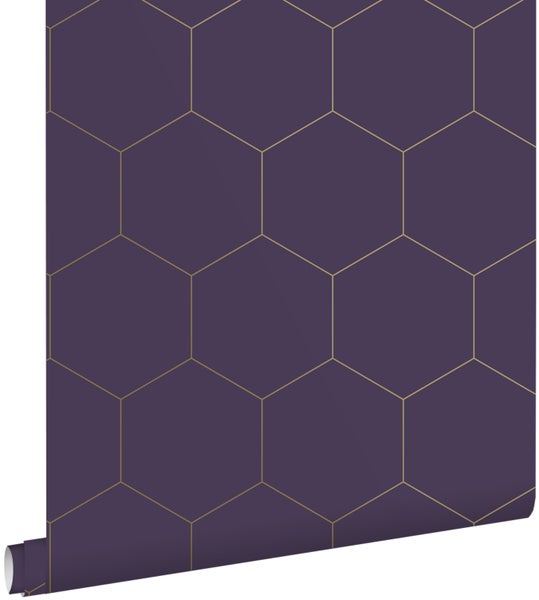 ESTAhome Tapete Wabenmuster Dunkelviolett und Gold - 53 cm x 10.05 m - 139575