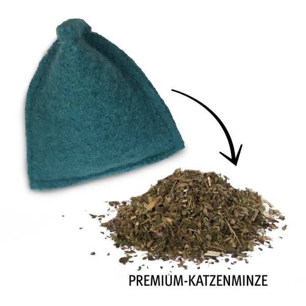 Katzen Spielkissen aus reiner Schurwolle mit leckerer Katzenminze Füllung und betörendem Baldrian. Handgenäht in Deutschland