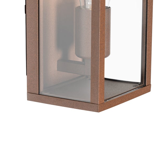 Außenwandleuchte in rechteckiger Laternenform aus Metall und Glas mit brauner strukturierter Oberfläche.