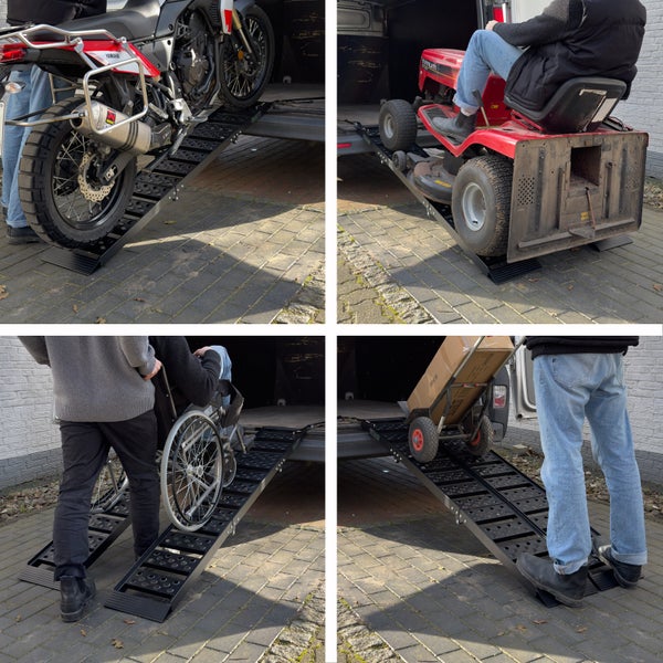Mehrfachansicht einer Rampe, die für Motorräder, Rasenmäher, Rollstühle und den Transport von Kartons verwendet wird.