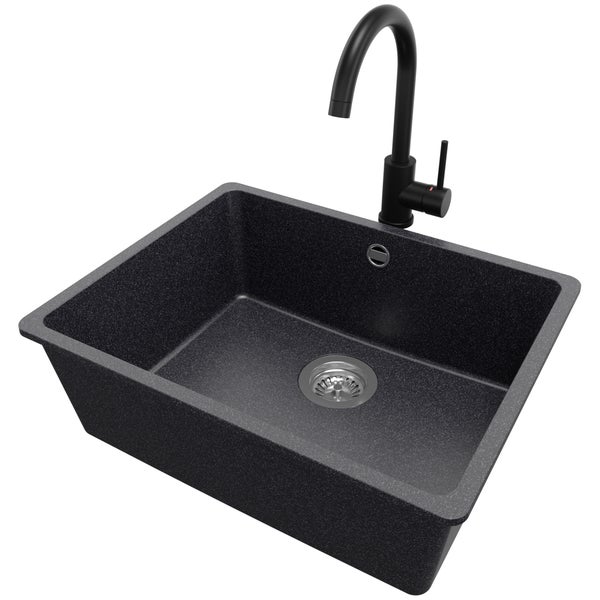 PRIMAGRAN Unterbauspüle Granit Anthrazit 56x44cm, Spülbecken 1 Becken + Küchenarmatur 32x20cm + Ablauf-Set, Granitspüle ab 60er Unterschrank - Venedig Easy